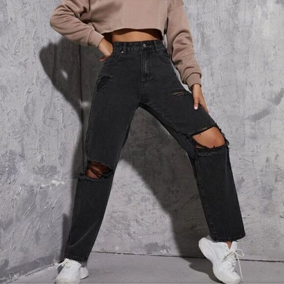 SHEIN Denim - Shein Faded Black High Waist Distressed Wide Straight Leg Jeans Size Large